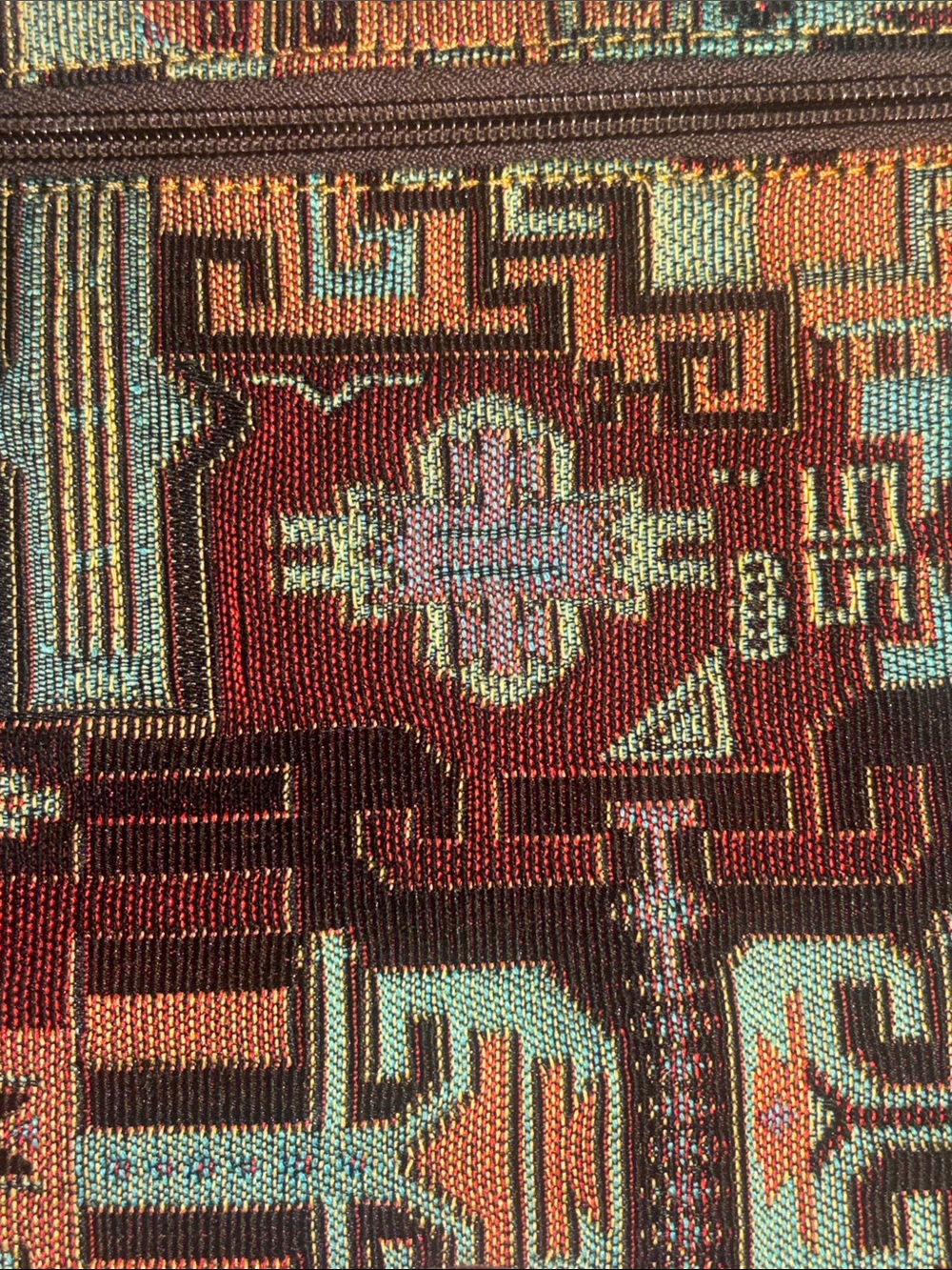 VINTAGE SOUTHWESTERN TAPESTRY CARPET BAG BURGUNDY LEATHER TRIM GEOMETRIC DESIGN - Picture 4 of 14